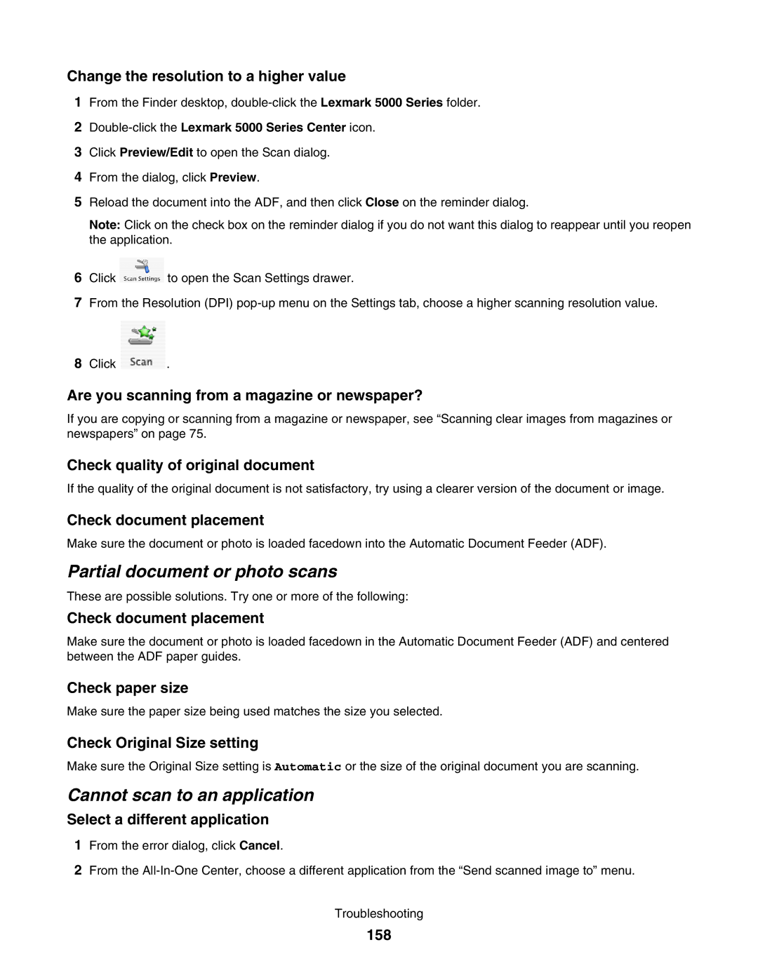 Lexmark 5000 Series manual Partial document or photo scans, Cannot scan to an application 