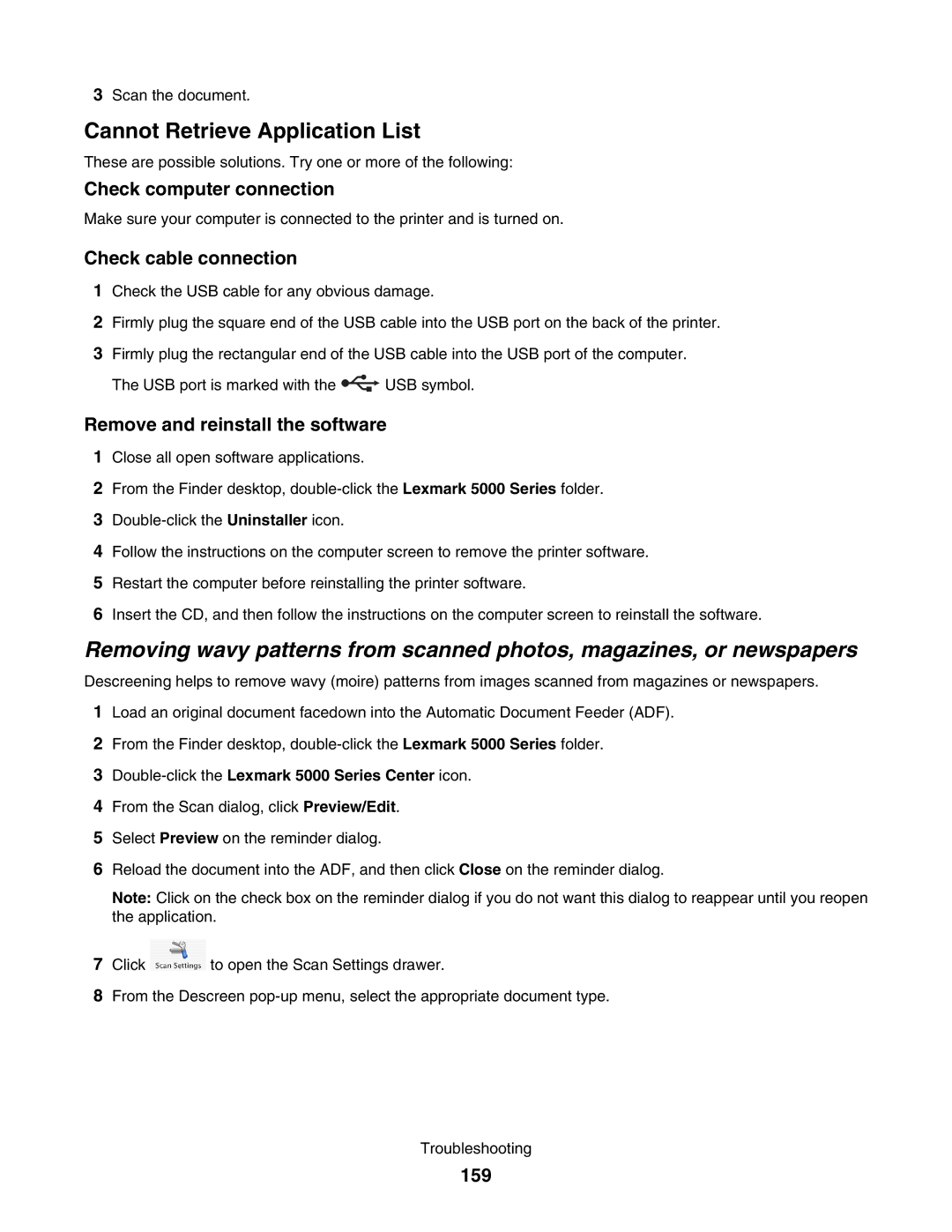 Lexmark 5000 Series manual Check computer connection, Check cable connection, Remove and reinstall the software, 159 