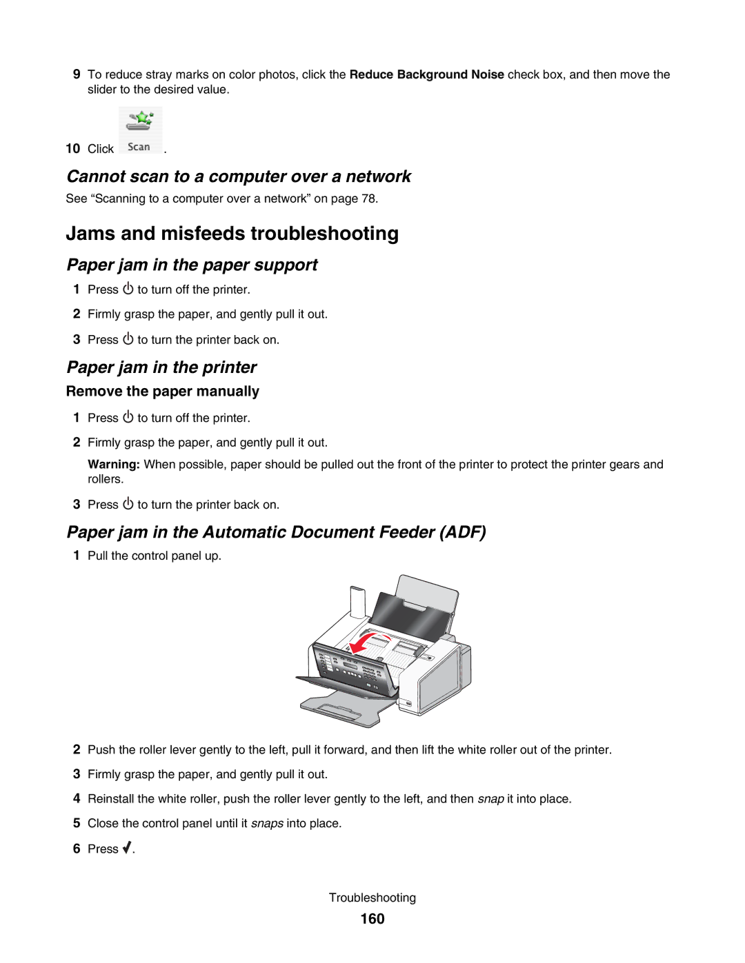 Lexmark 5000 Series Jams and misfeeds troubleshooting, Cannot scan to a computer over a network, Paper jam in the printer 