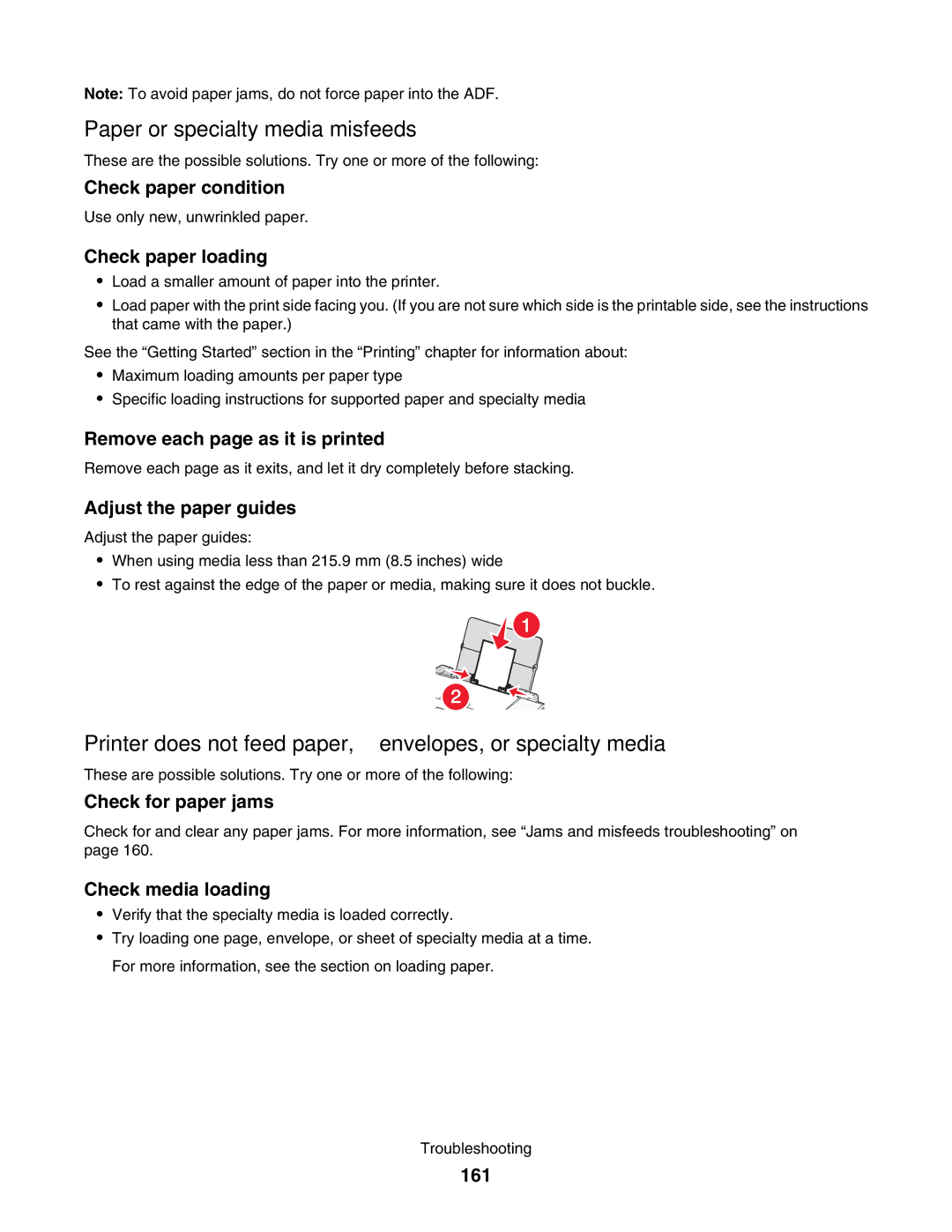 Lexmark 5000 Series manual Paper or specialty media misfeeds, Printer does not feed paper, envelopes, or specialty media 