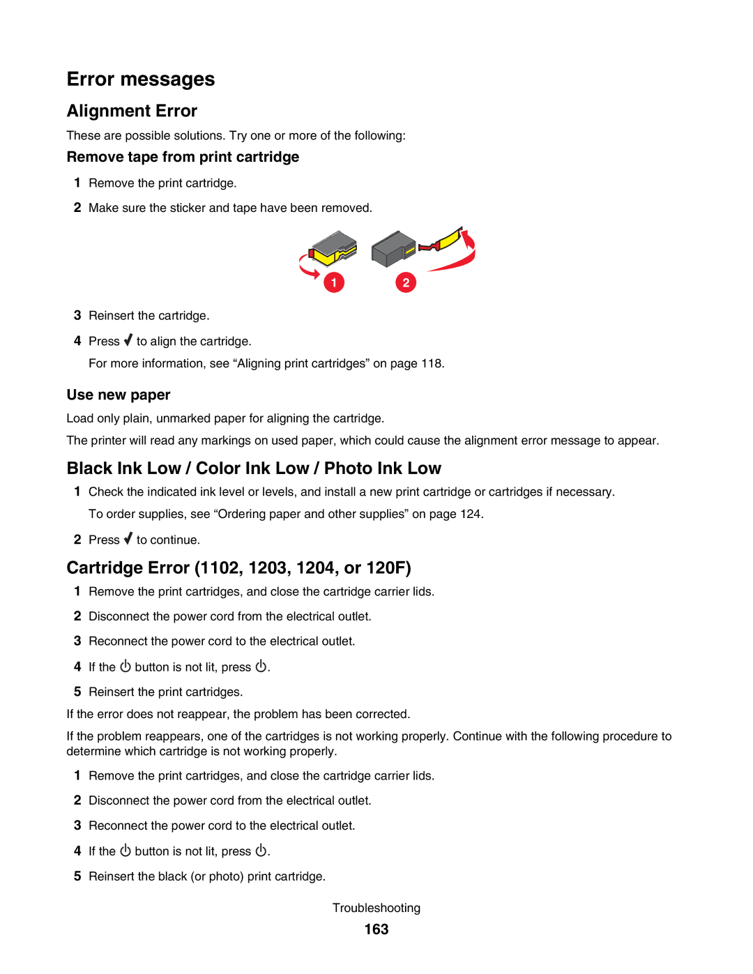 Lexmark 5000 Series manual Error messages, Remove tape from print cartridge, Use new paper, 163 