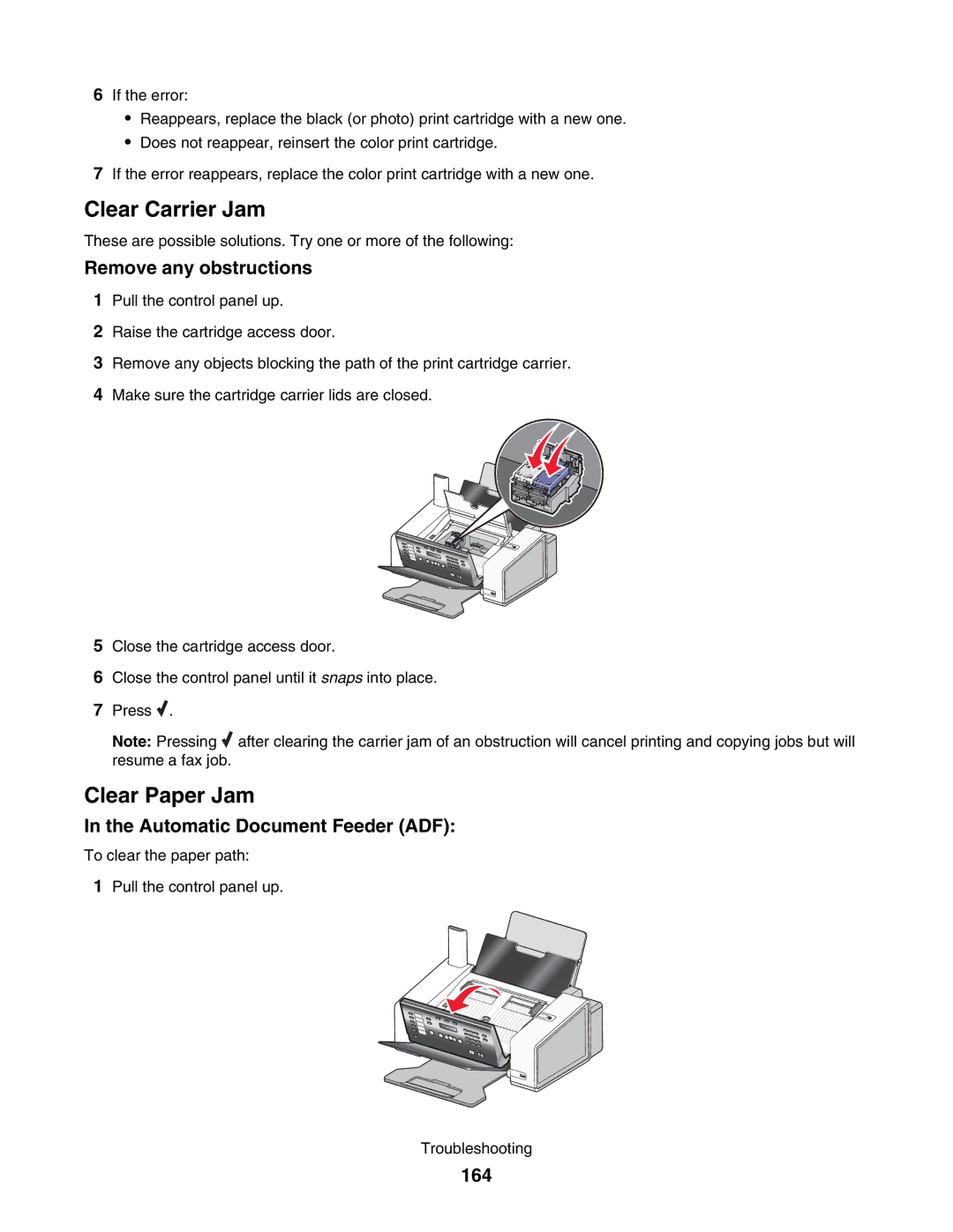 Lexmark 5000 Series manual Remove any obstructions, Automatic Document Feeder ADF, 164 