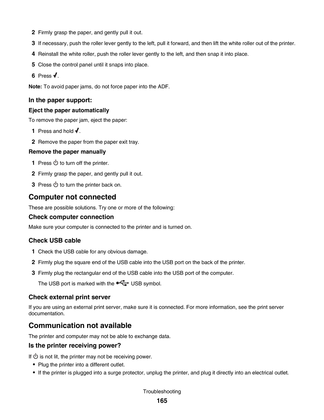 Lexmark 5000 Series manual Paper support, Check external print server, Is the printer receiving power?, 165 