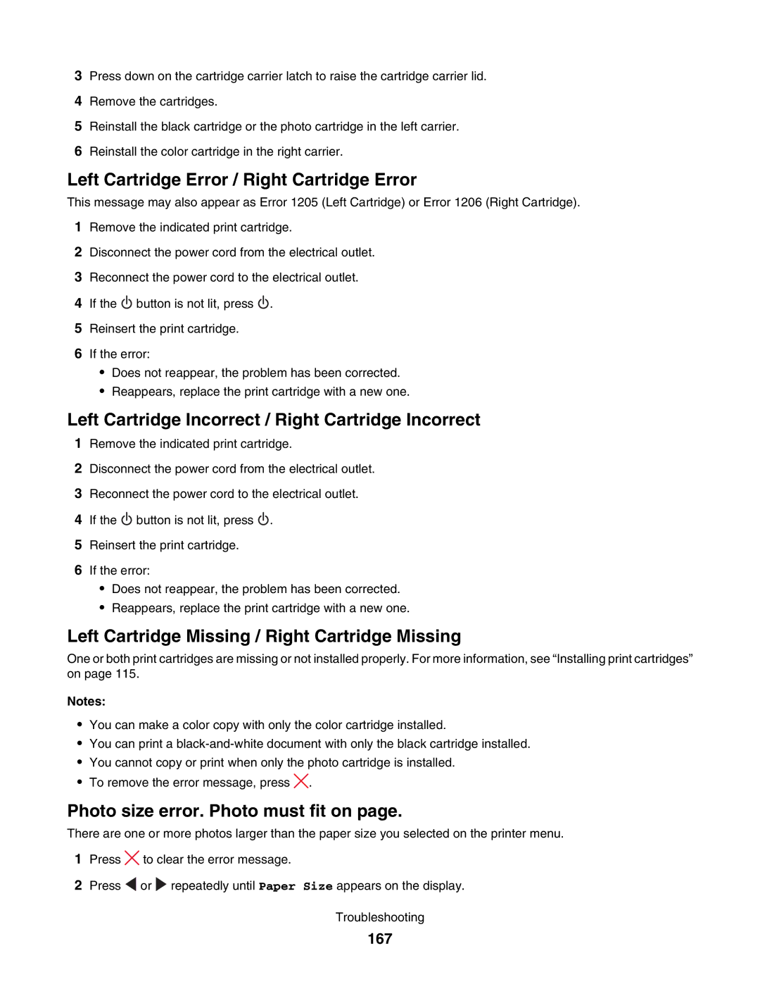 Lexmark 5000 Series manual Left Cartridge Error / Right Cartridge Error, 167 