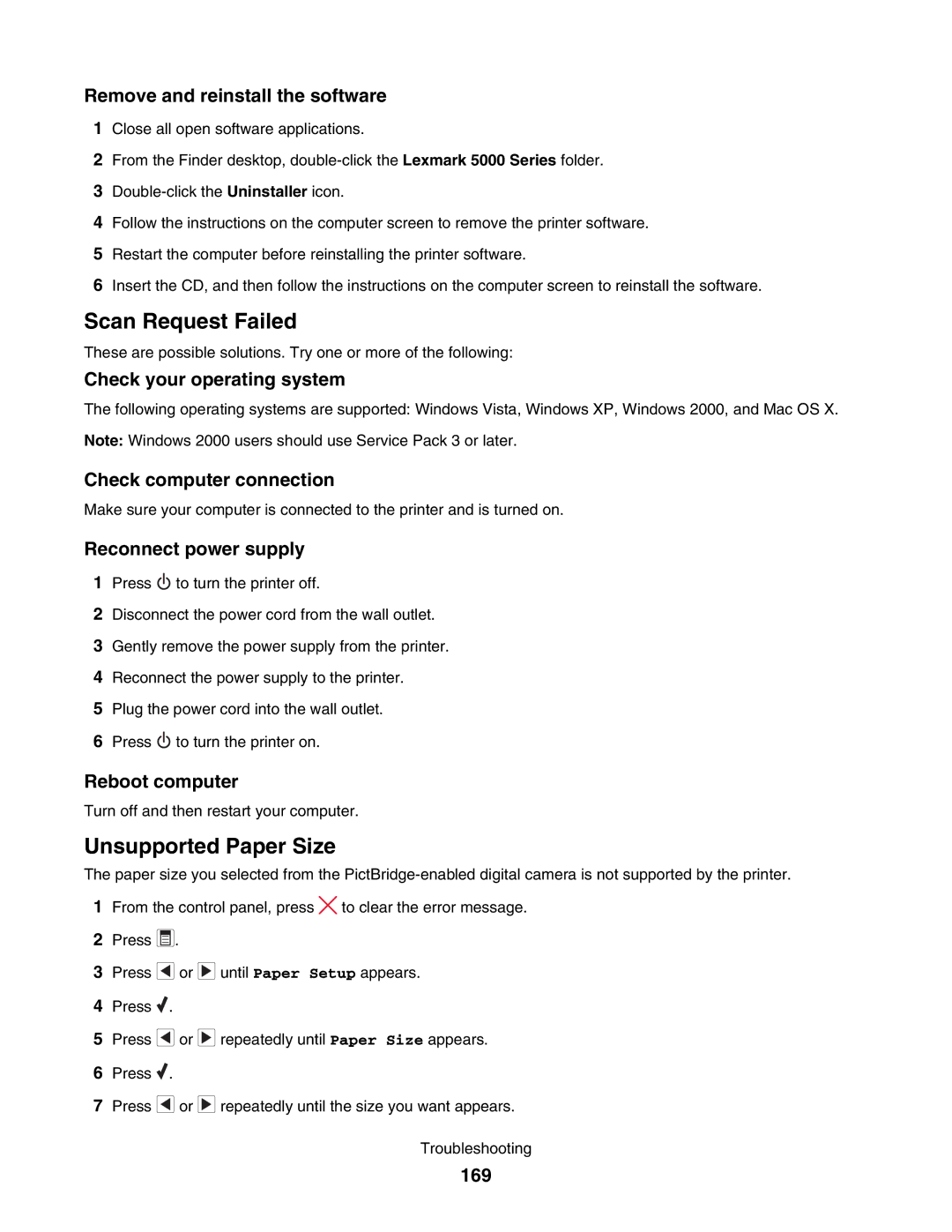 Lexmark 5000 Series manual Reboot computer, 169 