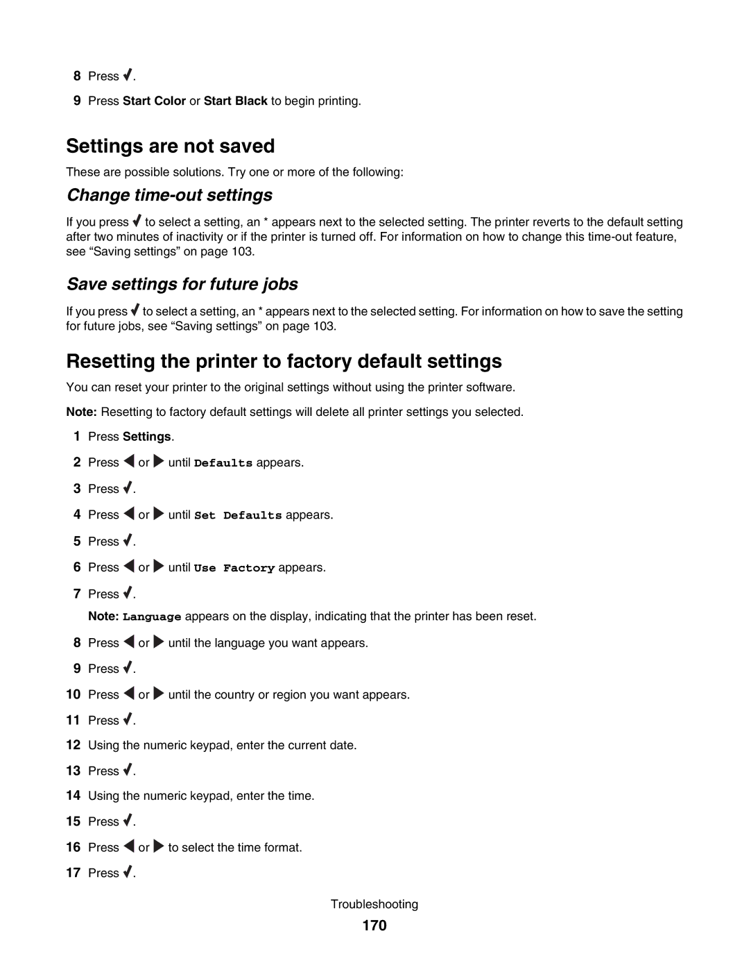 Lexmark 5000 Series Settings are not saved, Resetting the printer to factory default settings, Change time-out settings 