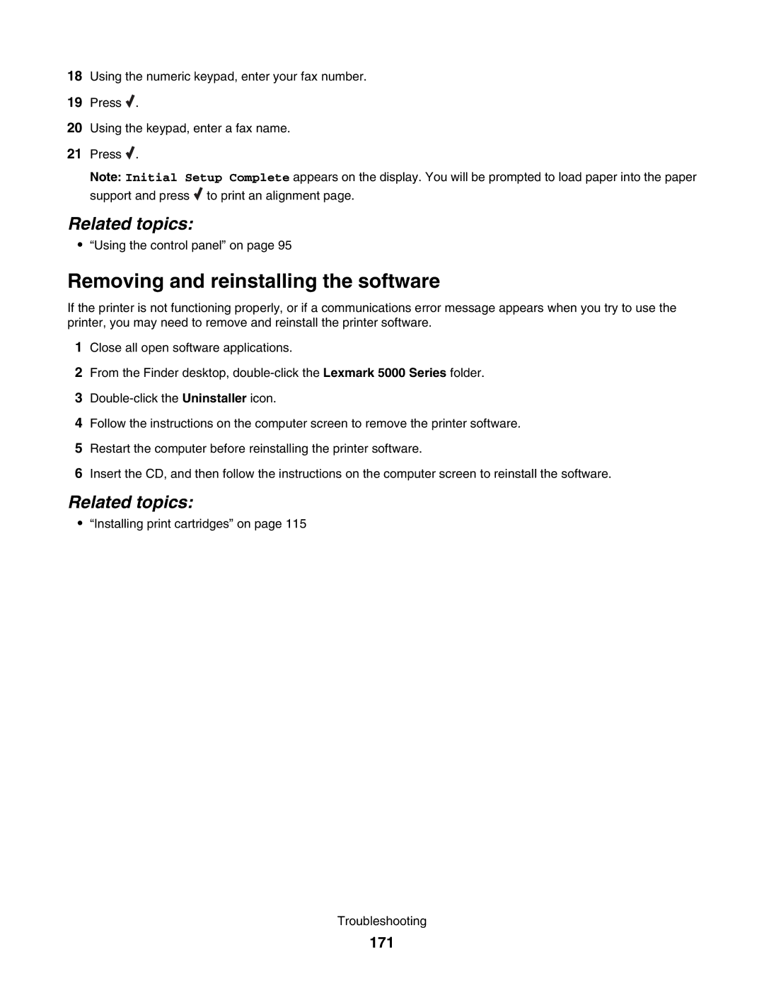 Lexmark 5000 Series manual Removing and reinstalling the software, 171 