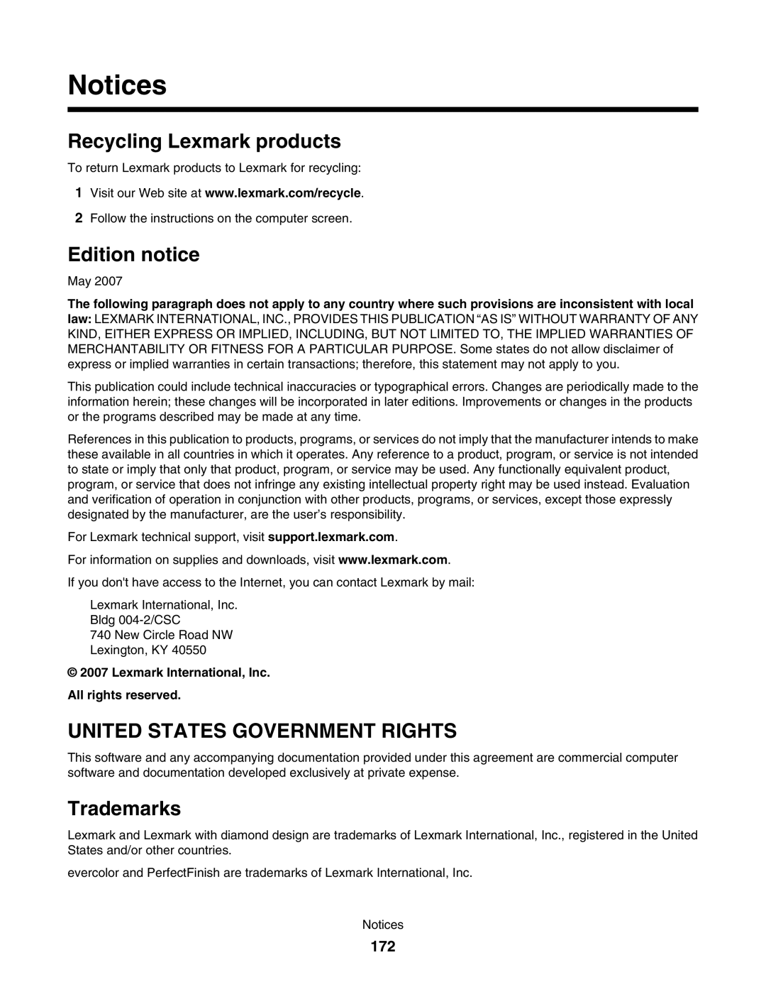 Lexmark 5000 Series manual Recycling Lexmark products, Edition notice, Trademarks, 172 