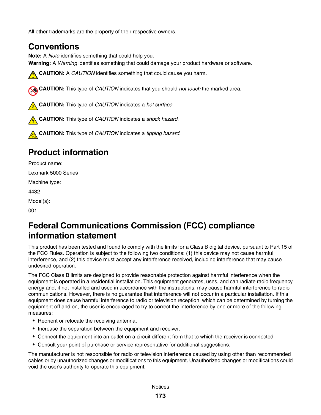 Lexmark 5000 Series manual Conventions Product information, 173 