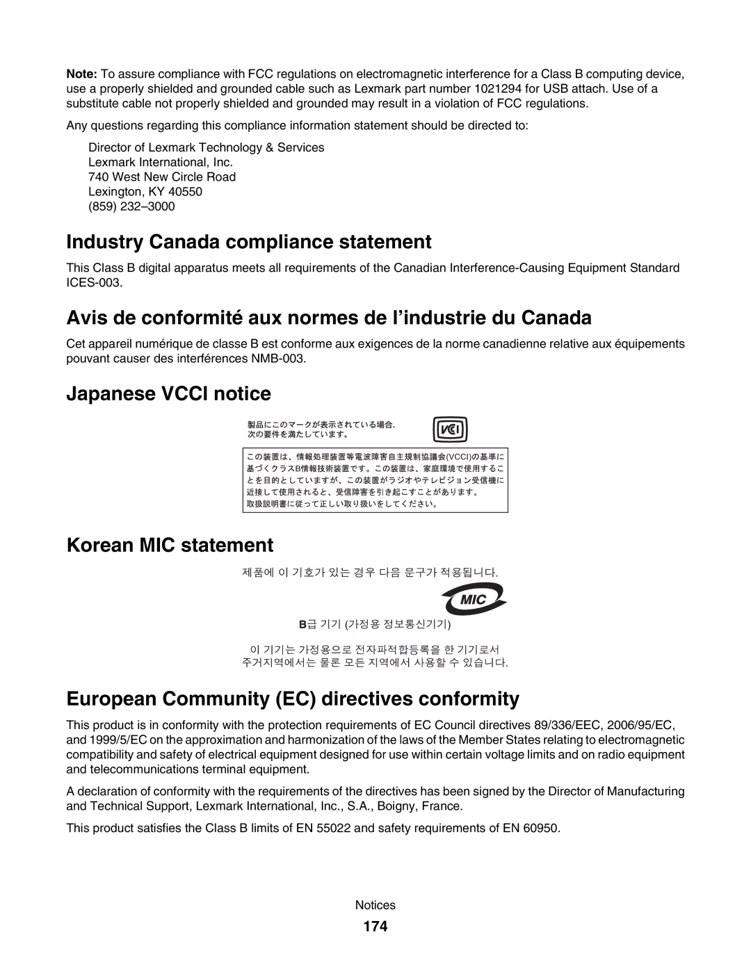 Lexmark 5000 Series Industry Canada compliance statement, Avis de conformité aux normes de l’industrie du Canada, 174 