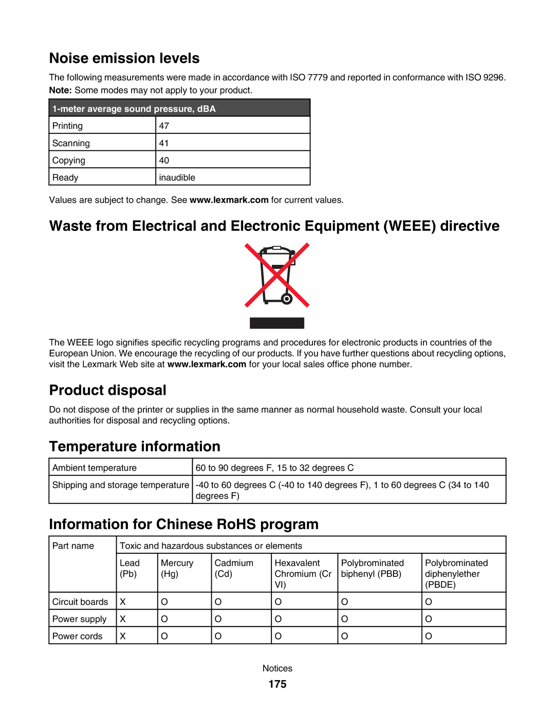 Lexmark 5000 Series manual Noise emission levels, Temperature information, Information for Chinese RoHS program, 175 