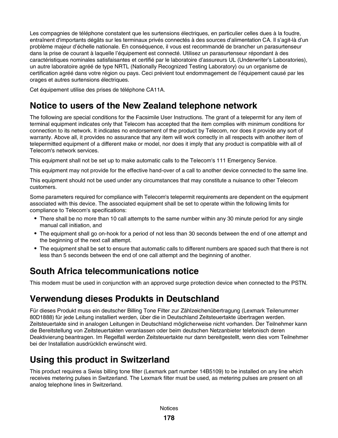 Lexmark 5000 Series manual South Africa telecommunications notice, Verwendung dieses Produkts in Deutschland, 178 