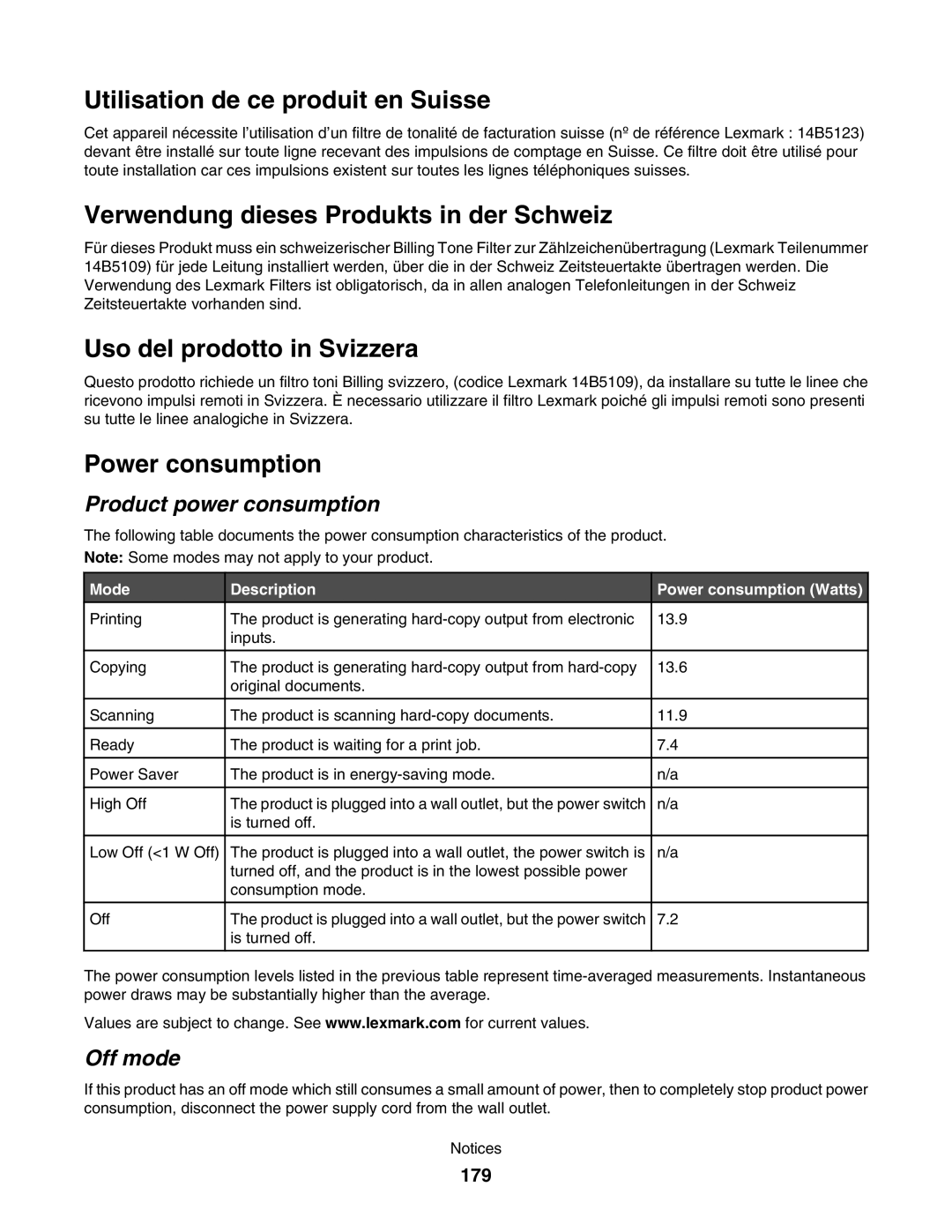 Lexmark 5000 Series Utilisation de ce produit en Suisse, Verwendung dieses Produkts in der Schweiz, Power consumption 