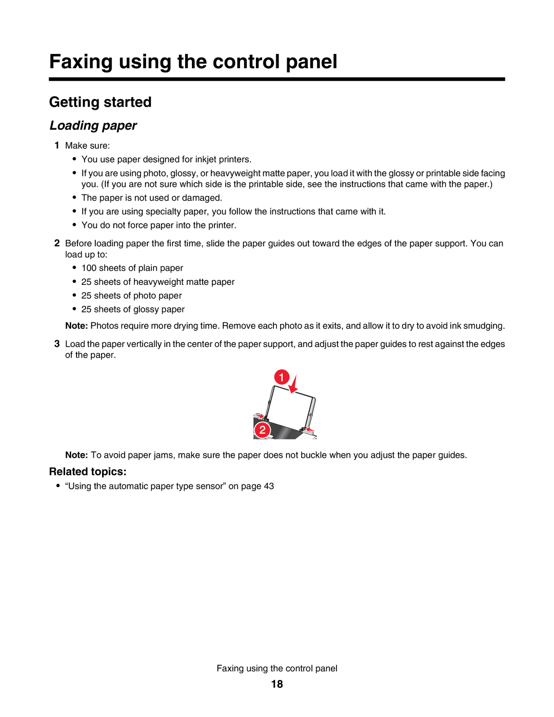 Lexmark 5000 Series manual Faxing using the control panel, Getting started, Loading paper, Related topics 