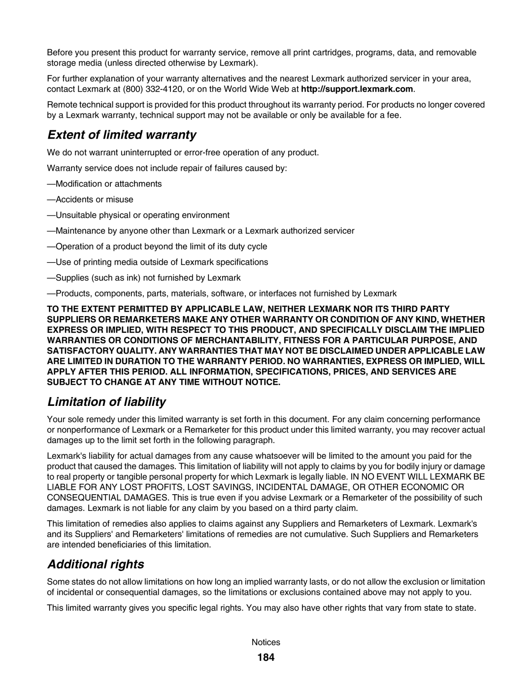 Lexmark 5000 Series manual Extent of limited warranty, Limitation of liability, Additional rights, 184 