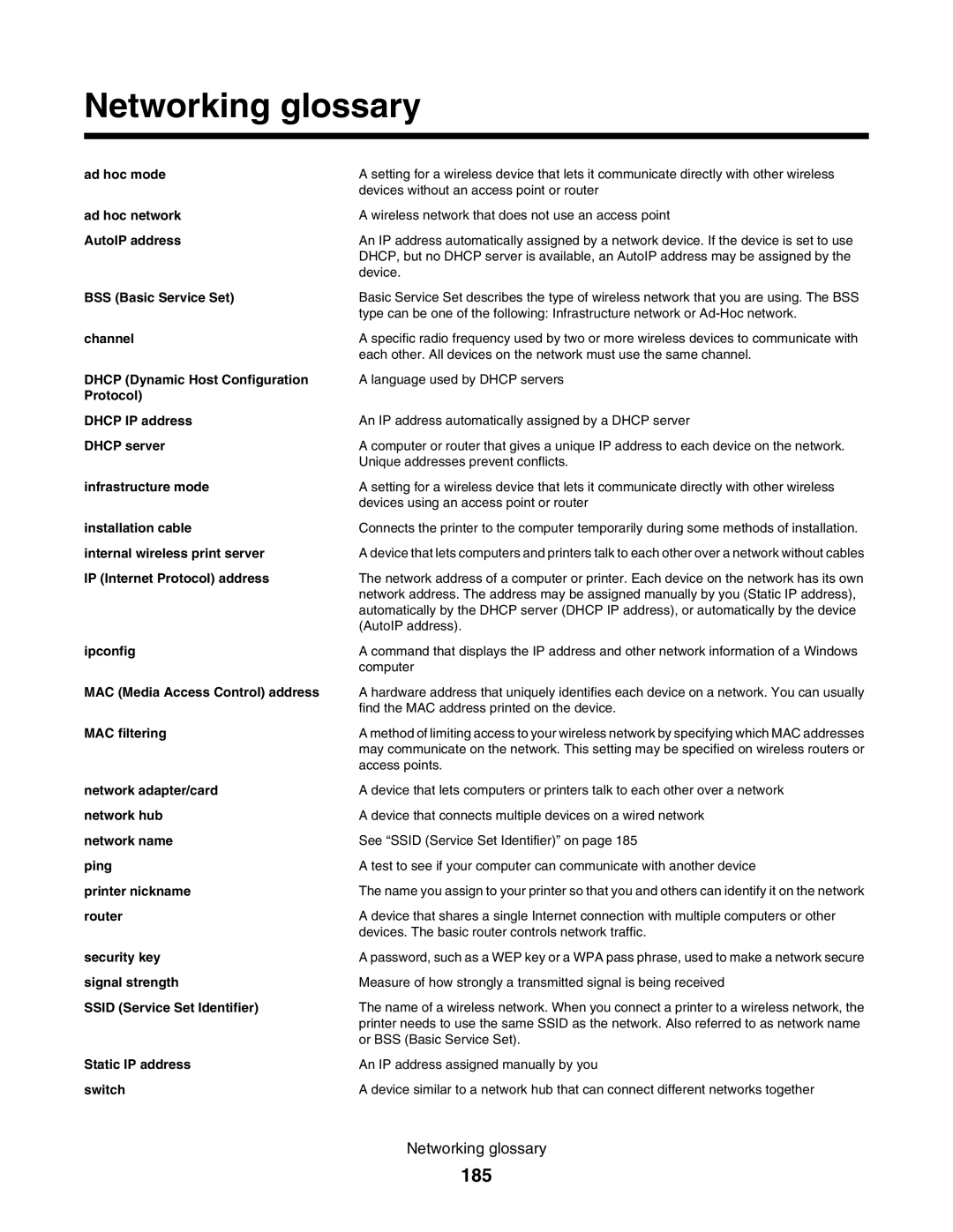 Lexmark 5000 Series manual Networking glossary, 185 