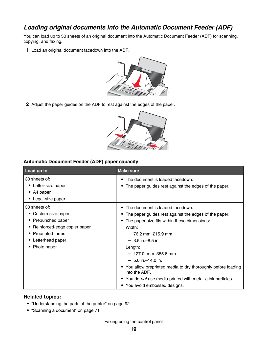 Lexmark 5000 Series manual Automatic Document Feeder ADF paper capacity, Load up to Make sure 