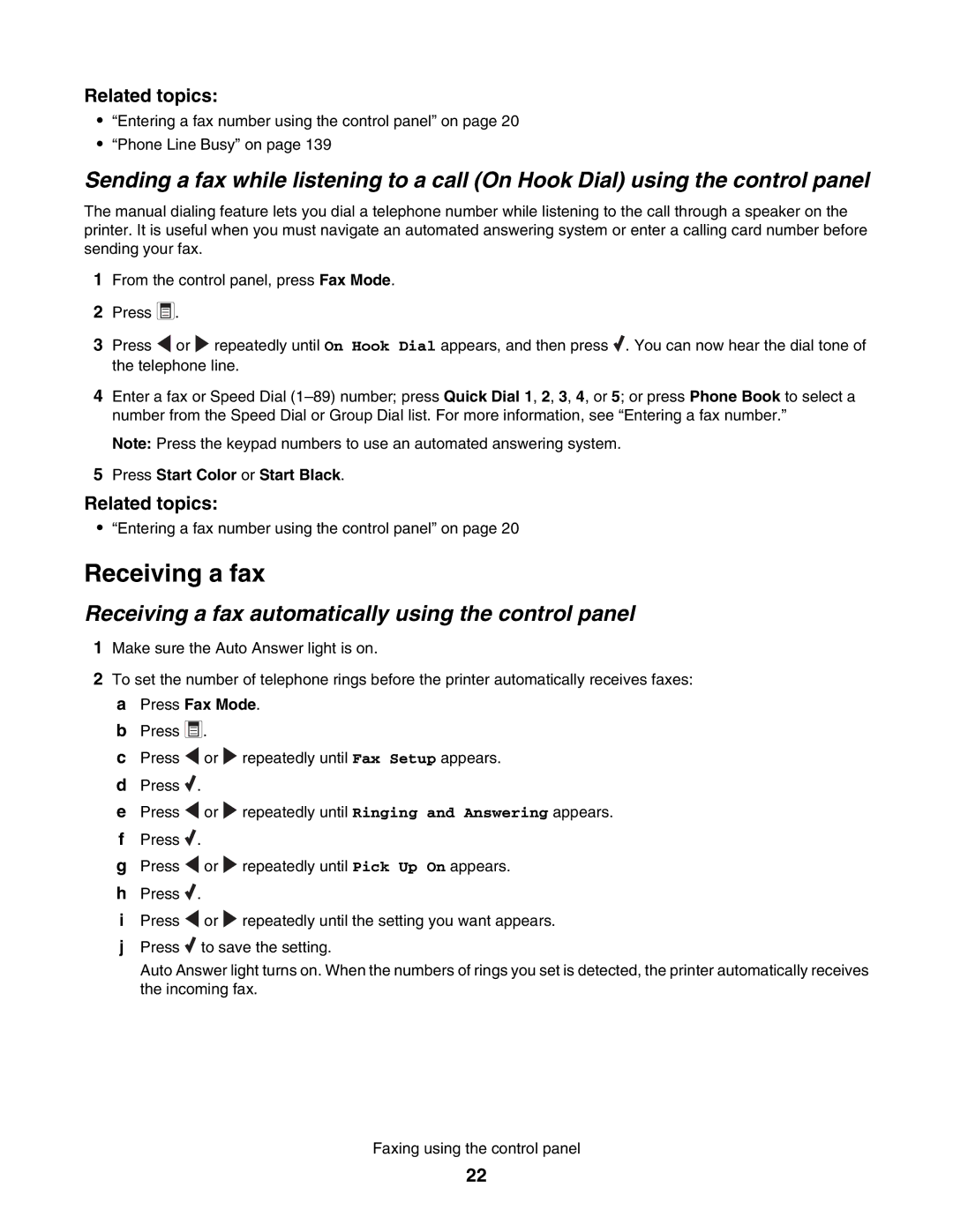 Lexmark 5000 Series manual Receiving a fax automatically using the control panel 