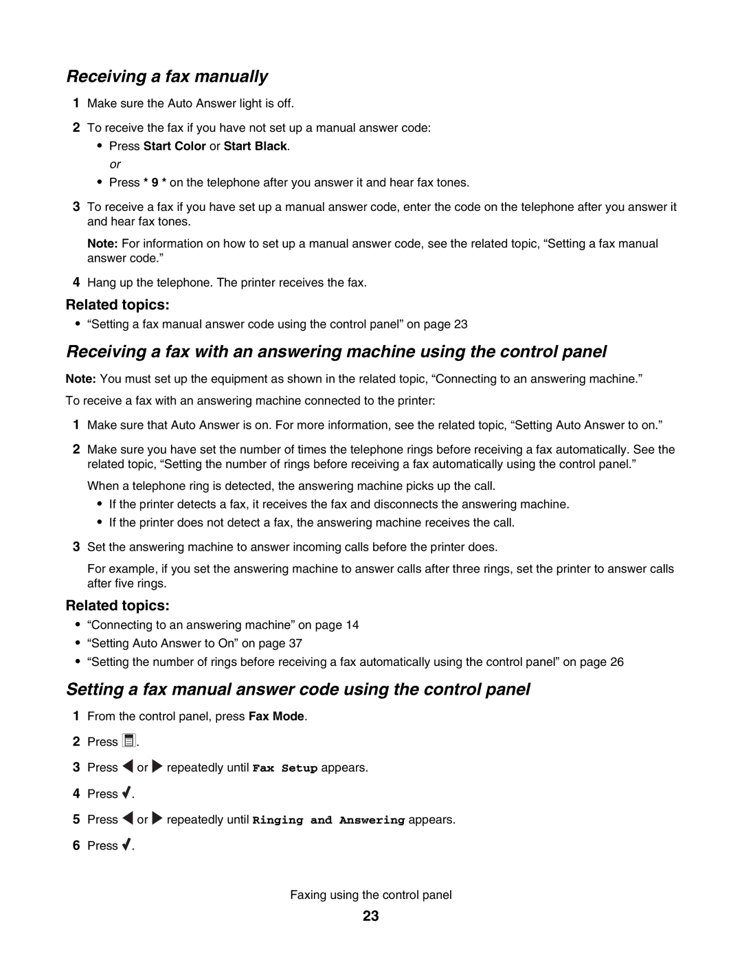 Lexmark 5000 Series Receiving a fax manually, Setting a fax manual answer code using the control panel 