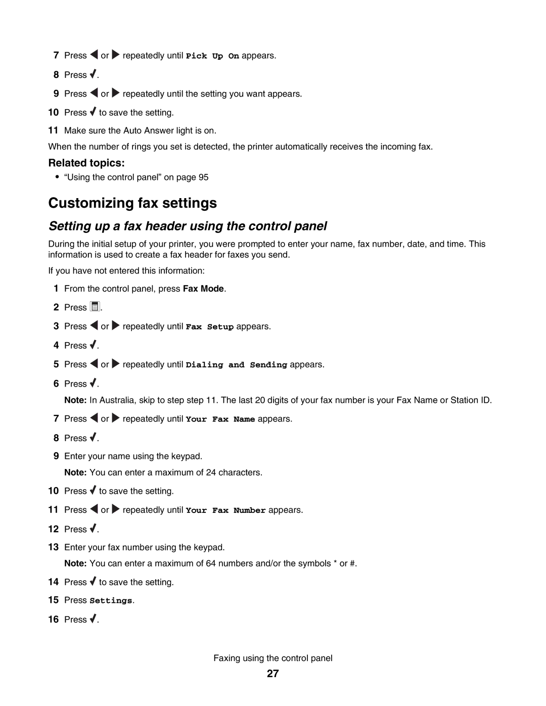 Lexmark 5000 Series manual Customizing fax settings, Setting up a fax header using the control panel 