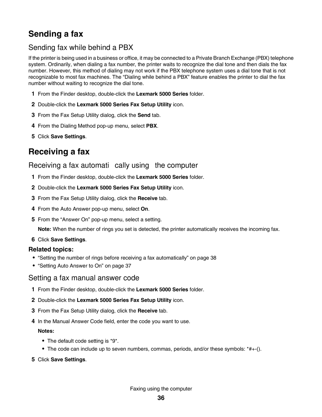 Lexmark 5000 Series Sending fax while behind a PBX, Receiving a fax automatically using the computer, Click Save Settings 