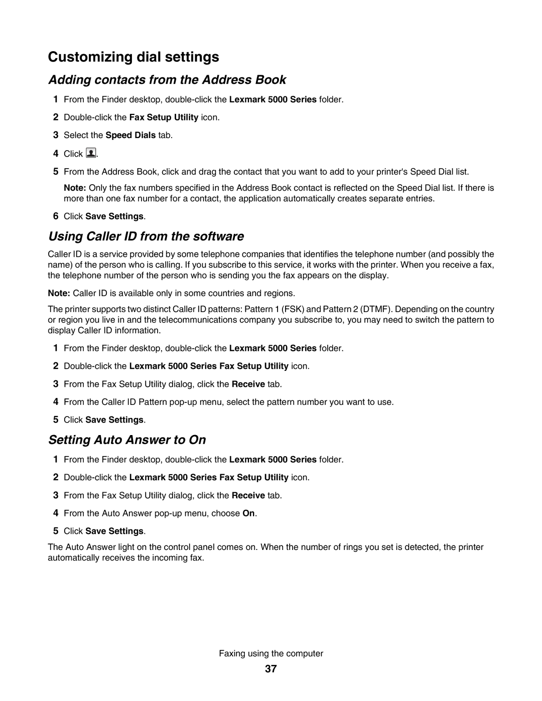 Lexmark 5000 Series Adding contacts from the Address Book, Using Caller ID from the software, Setting Auto Answer to On 