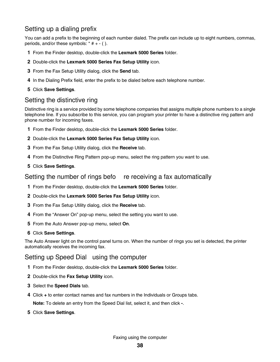Lexmark 5000 Series Setting up a dialing prefix, Setting the distinctive ring, Setting up Speed Dial using the computer 
