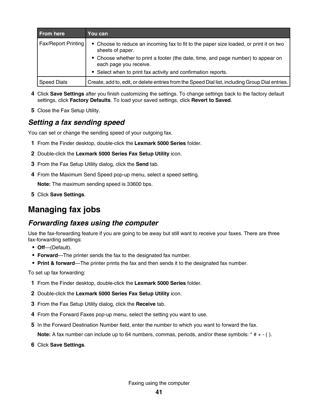 Lexmark 5000 Series manual Setting a fax sending speed, Forwarding faxes using the computer, From here You can 