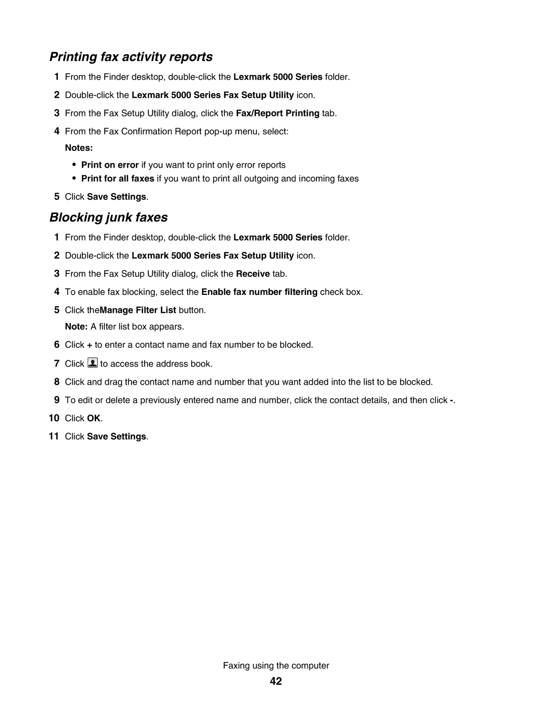 Lexmark 5000 Series manual Printing fax activity reports, Blocking junk faxes 