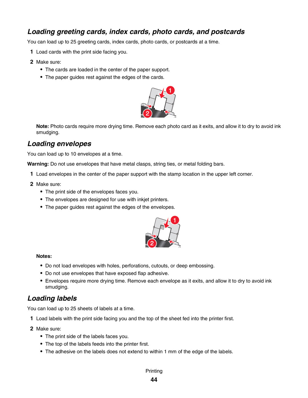 Lexmark 5000 Series manual Loading envelopes, Loading labels 