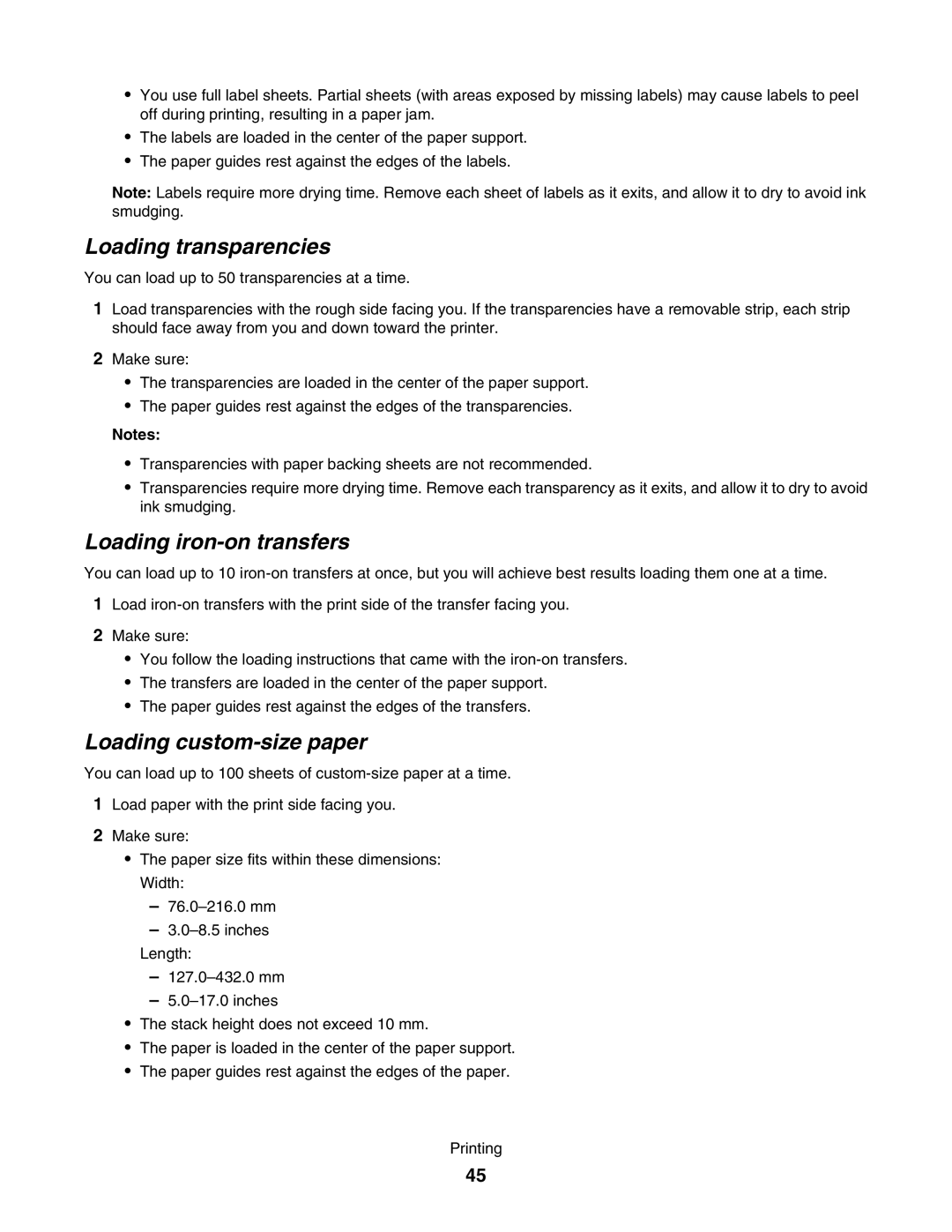 Lexmark 5000 Series manual Loading transparencies, Loading iron-on transfers, Loading custom-size paper 