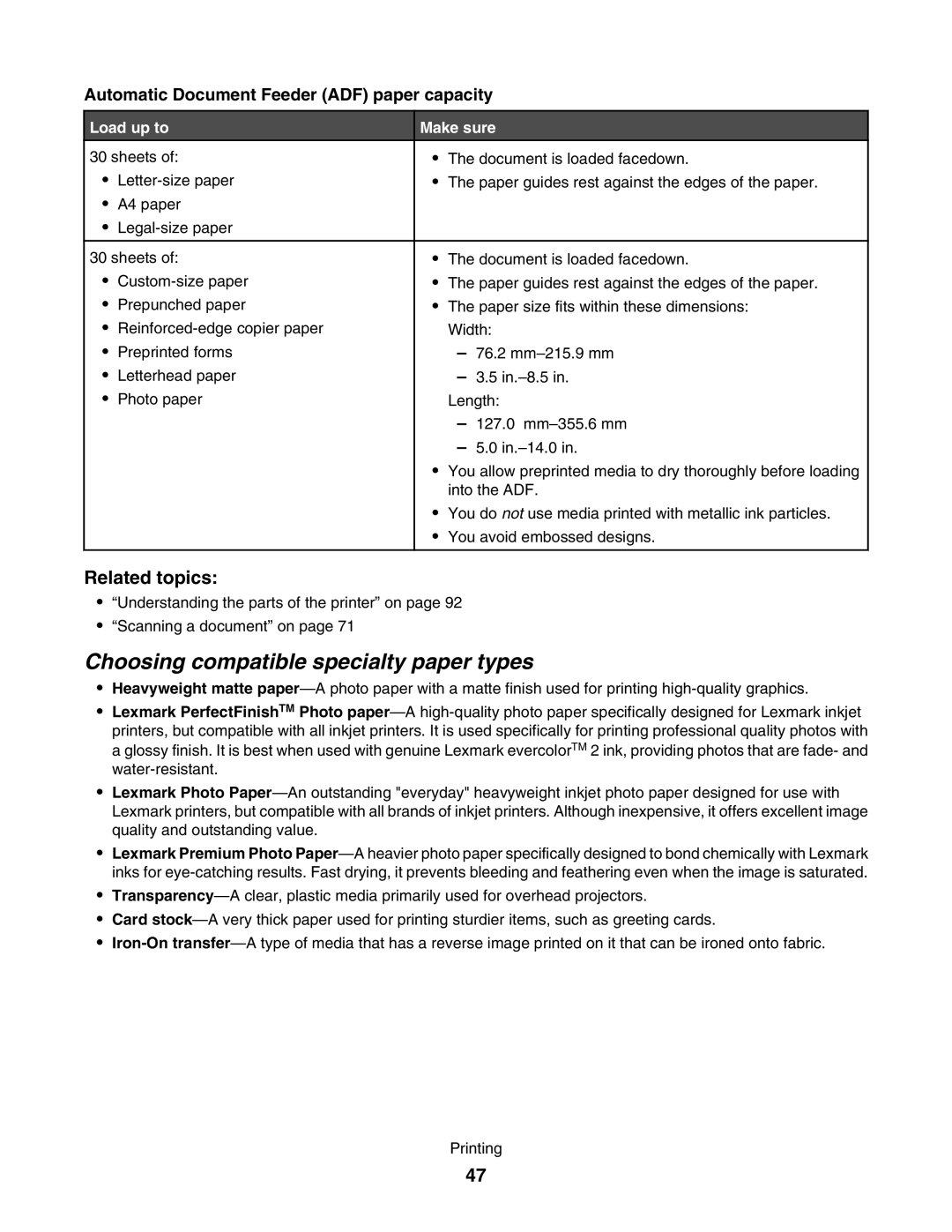 Lexmark 5000 Series manual Choosing compatible specialty paper types, Load up to Make sure 