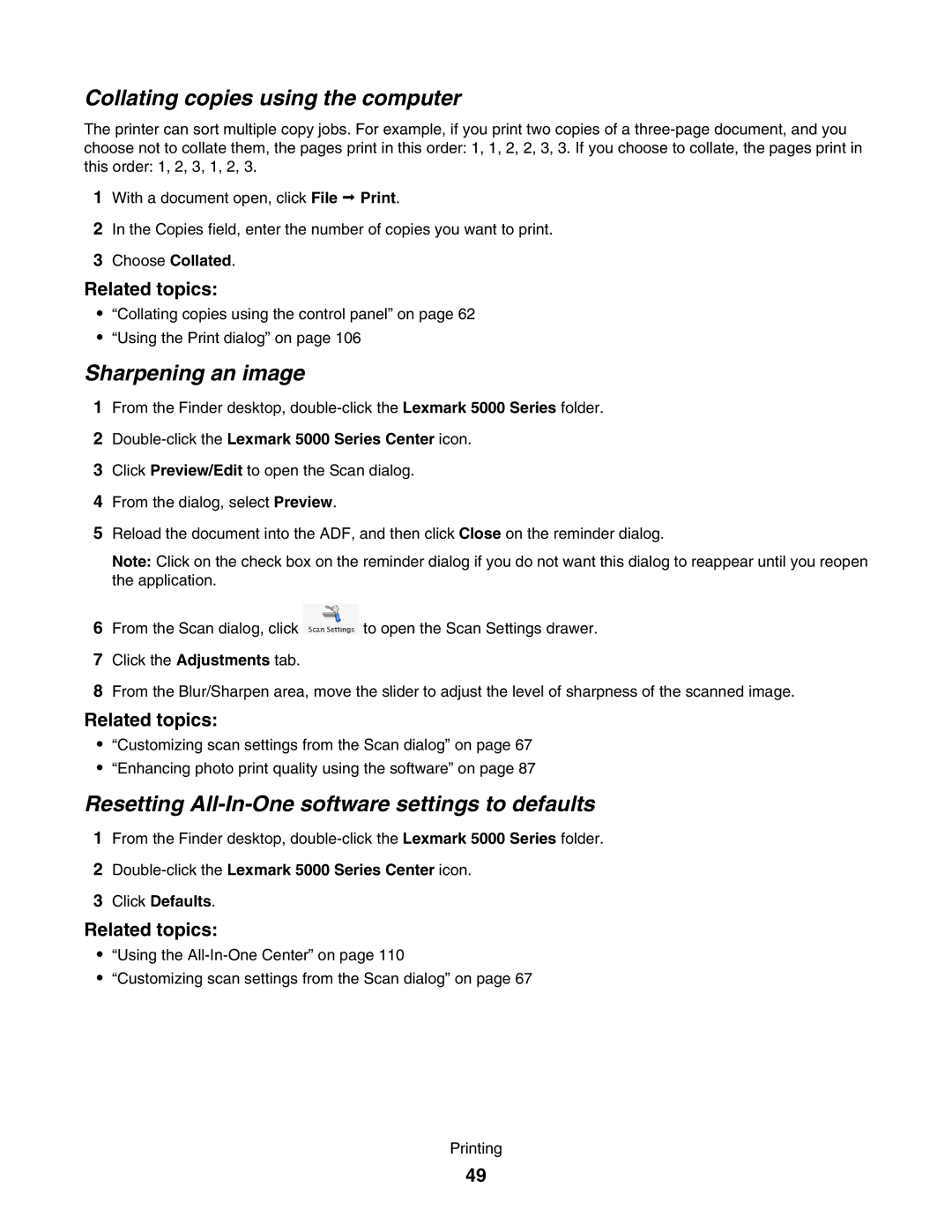 Lexmark 5000 Series manual Collating copies using the computer, Sharpening an image 