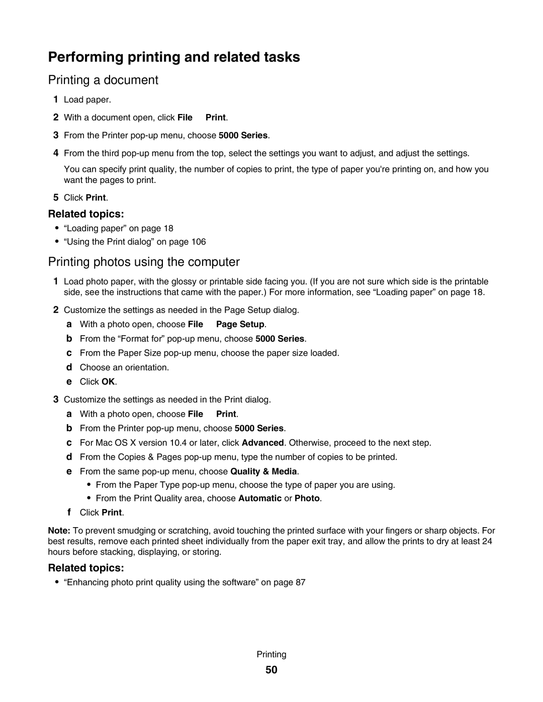 Lexmark 5000 Series manual Performing printing and related tasks, Printing a document, Printing photos using the computer 