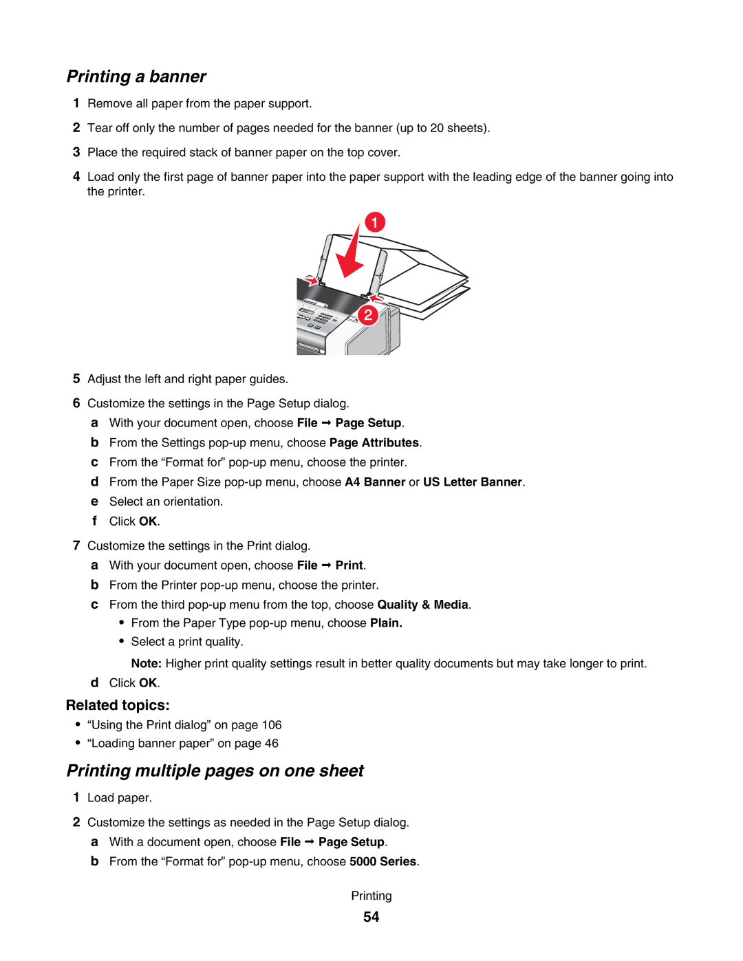 Lexmark 5000 Series manual Printing a banner, Printing multiple pages on one sheet 