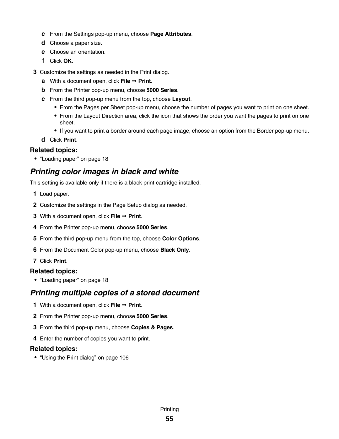 Lexmark 5000 Series manual Printing color images in black and white, Printing multiple copies of a stored document 