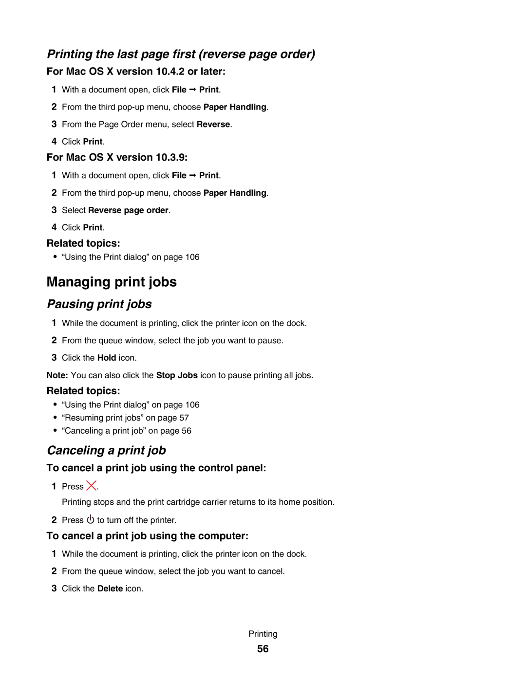 Lexmark 5000 Series manual Managing print jobs, Printing the last page first reverse page order, Pausing print jobs 