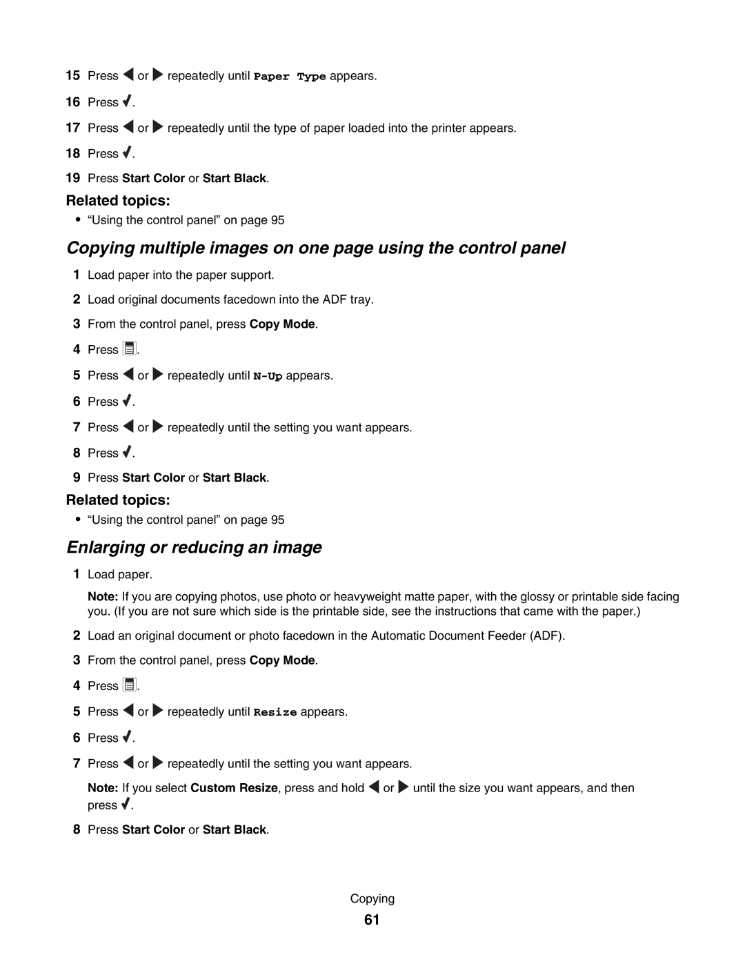 Lexmark 5000 Series manual Copying multiple images on one page using the control panel, Enlarging or reducing an image 