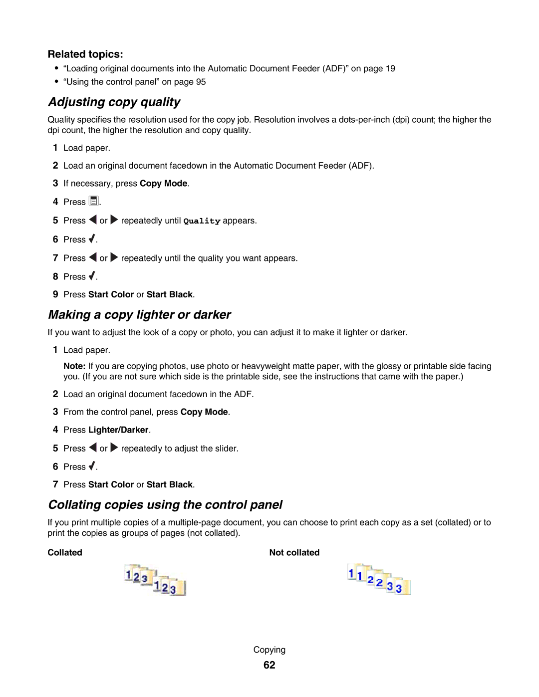 Lexmark 5000 Series Adjusting copy quality, Making a copy lighter or darker, Collating copies using the control panel 