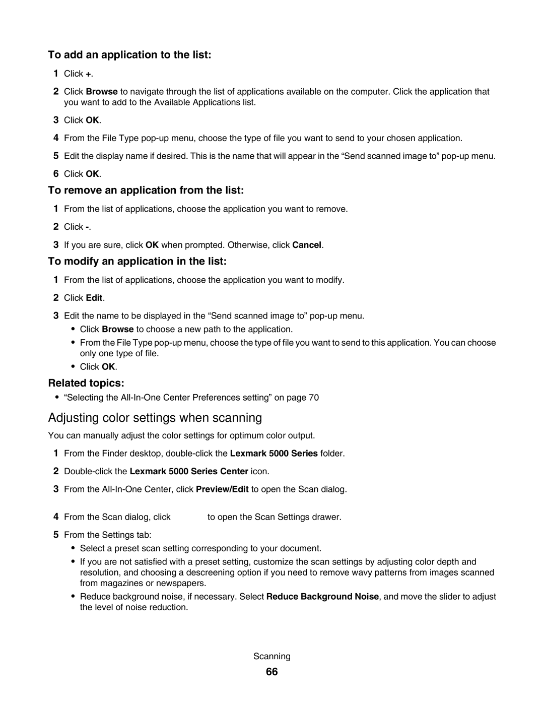 Lexmark 5000 Series manual Adjusting color settings when scanning, To add an application to the list 