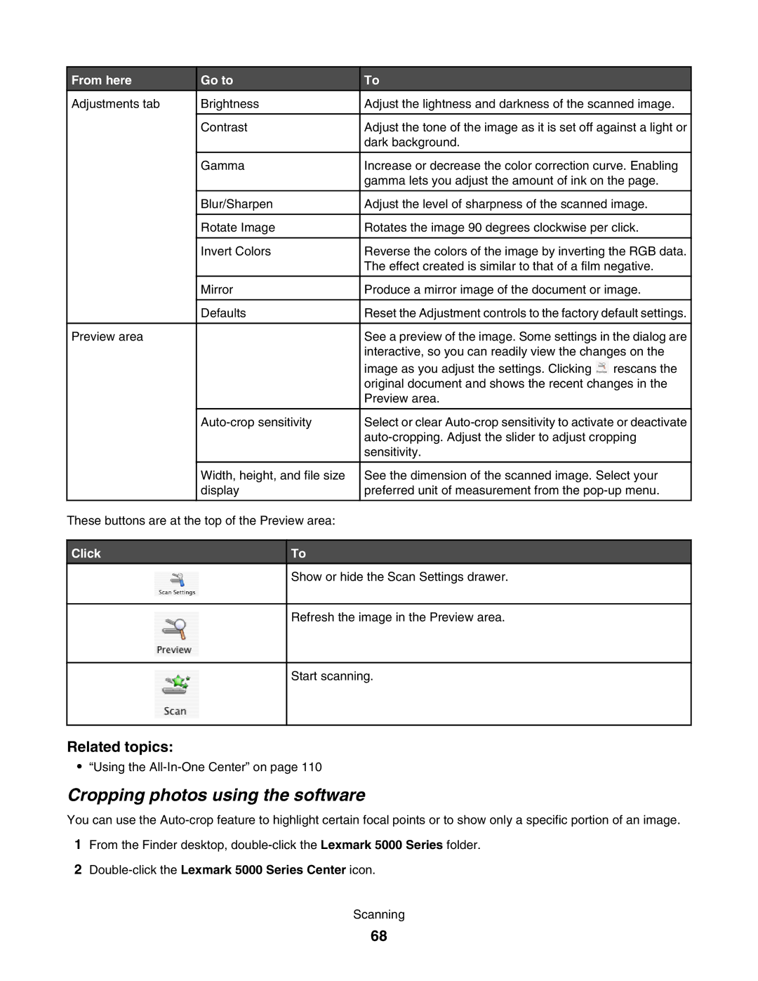 Lexmark 5000 Series manual Cropping photos using the software, Click 