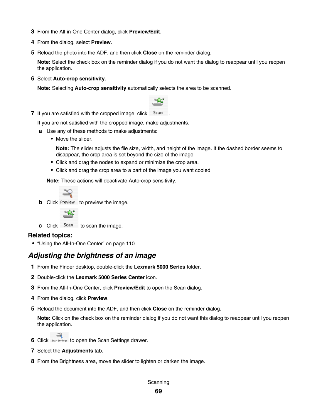 Lexmark 5000 Series manual Adjusting the brightness of an image, Select Auto-crop sensitivity 