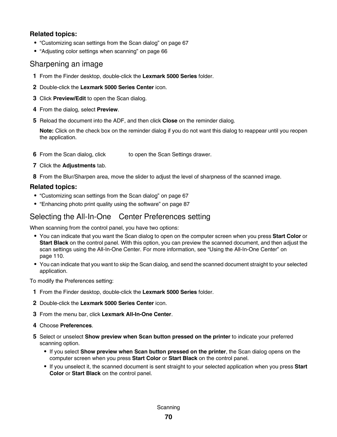 Lexmark 5000 Series manual Sharpening an image, Selecting the All-In-One Center Preferences setting 