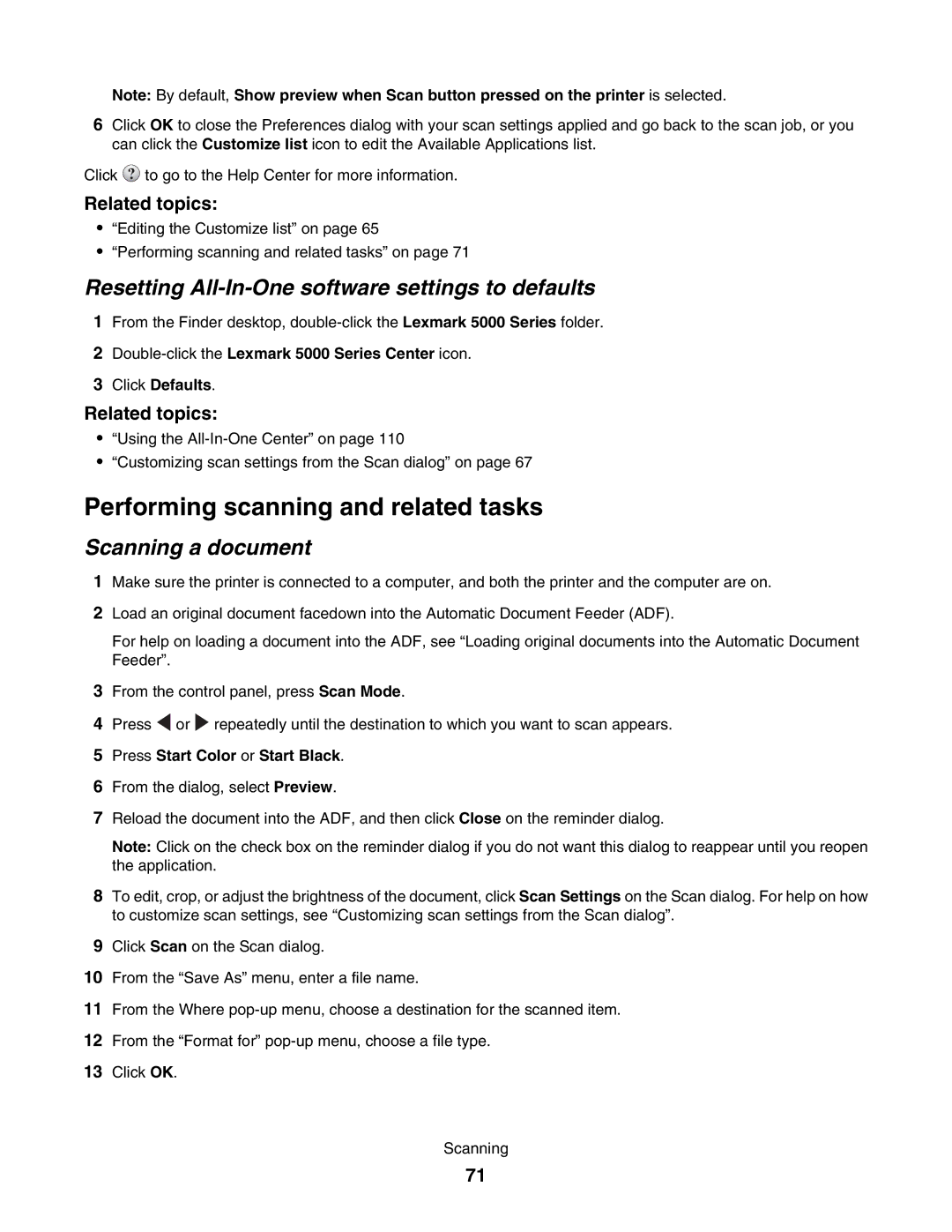 Lexmark 5000 Series manual Performing scanning and related tasks, Scanning a document 