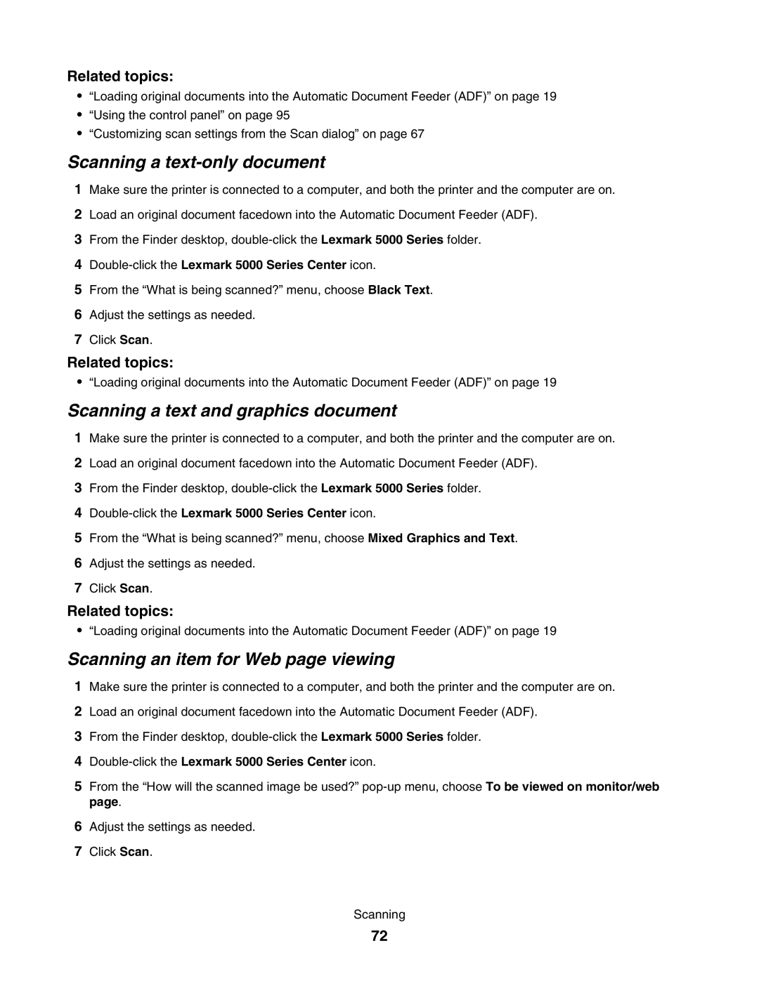 Lexmark 5000 Series manual Scanning a text-only document, Scanning a text and graphics document 