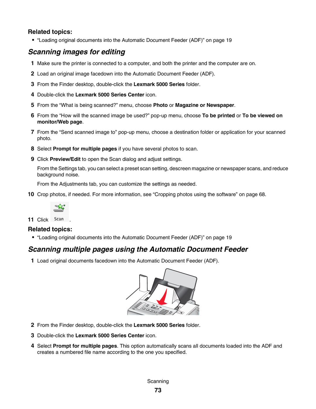 Lexmark 5000 Series manual Scanning images for editing, Scanning multiple pages using the Automatic Document Feeder 