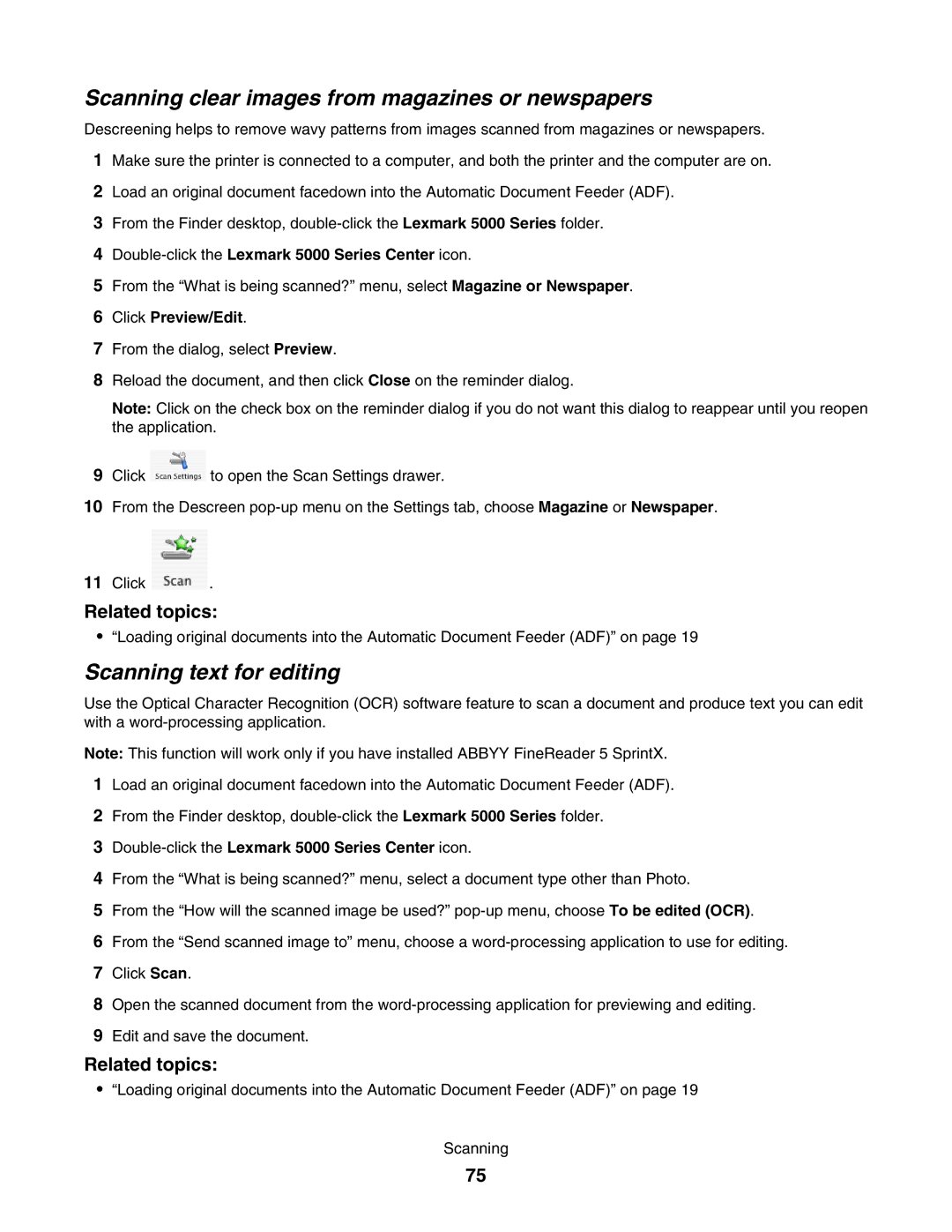 Lexmark 5000 Series manual Scanning clear images from magazines or newspapers, Scanning text for editing 