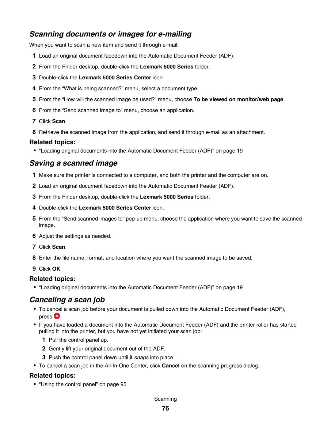 Lexmark 5000 Series manual Scanning documents or images for e-mailing, Saving a scanned image, Canceling a scan job 