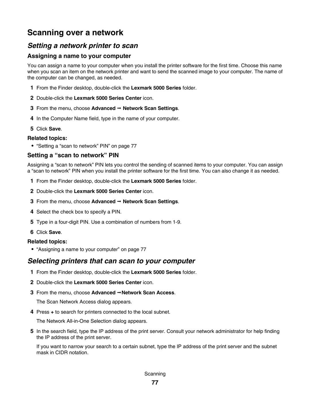 Lexmark 5000 Series manual Scanning over a network, Setting a network printer to scan, Assigning a name to your computer 