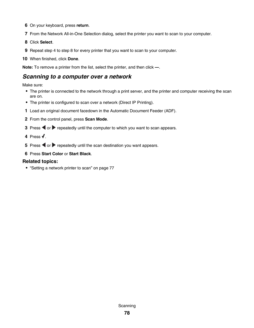 Lexmark 5000 Series manual Scanning to a computer over a network, Press Start Color or Start Black 